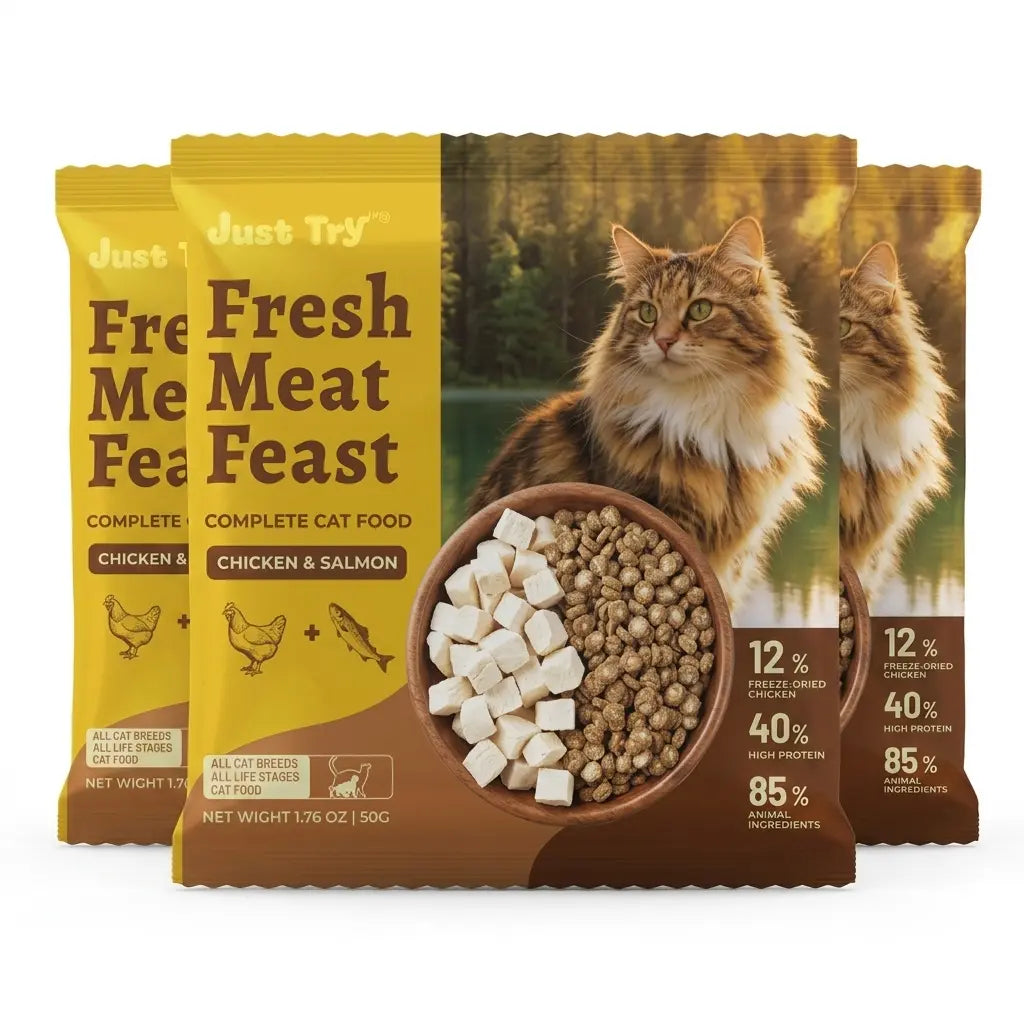 JUST TRY Hairball Formula Dry Cat Food, 40% Protein, Chicken & Salmon Flavor, Hairball Control, Digestive Health Support, with Cat Grass, Pumpkin, Taurine, Psyllium Husk & Cranberry, Grain Free Cat Food, 5Lb. #Sohochic