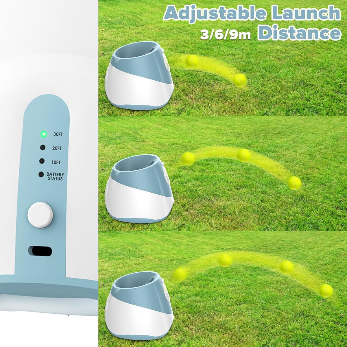 Automatic Dog Ball Launcher, Dog Ball Thrower Machine with 10-30Ft 3 Launching Distance, Interactive Toys for Small Dogs Indoor & Outdoor with 6 Mini Tennis Balls (2 Inch) -Blue