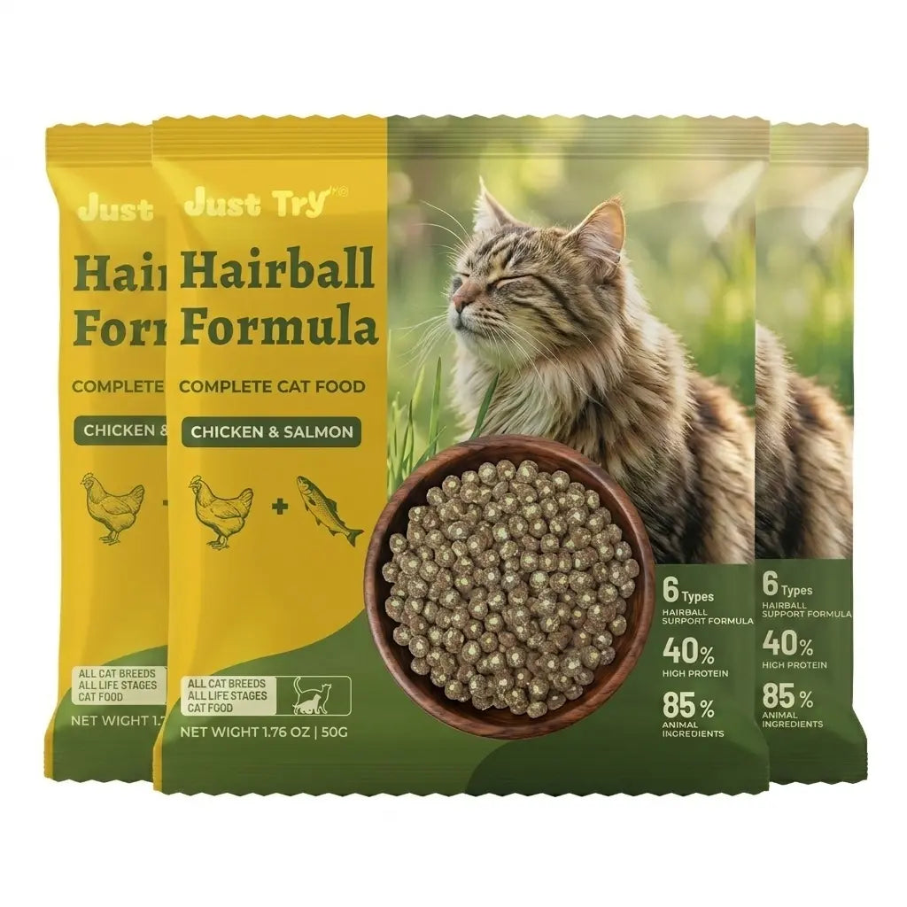 JUST TRY Hairball Formula Dry Cat Food, 40% Protein, Chicken & Salmon Flavor, Hairball Control, Digestive Health Support, with Cat Grass, Pumpkin, Taurine, Psyllium Husk & Cranberry, Grain Free Cat Food, 5Lb. #Sohochic