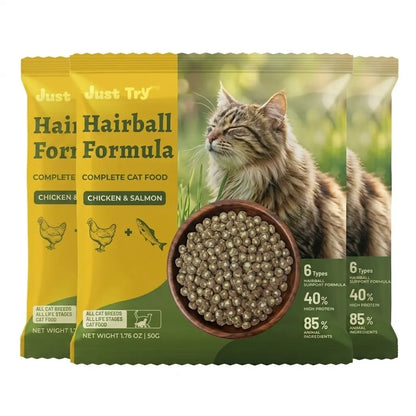 JUST TRY Hairball Formula Dry Cat Food, 40% Protein, Chicken & Salmon Flavor, Hairball Control, Digestive Health Support, with Cat Grass, Pumpkin, Taurine, Psyllium Husk & Cranberry, Grain Free Cat Food, 5Lb. #Sohochic