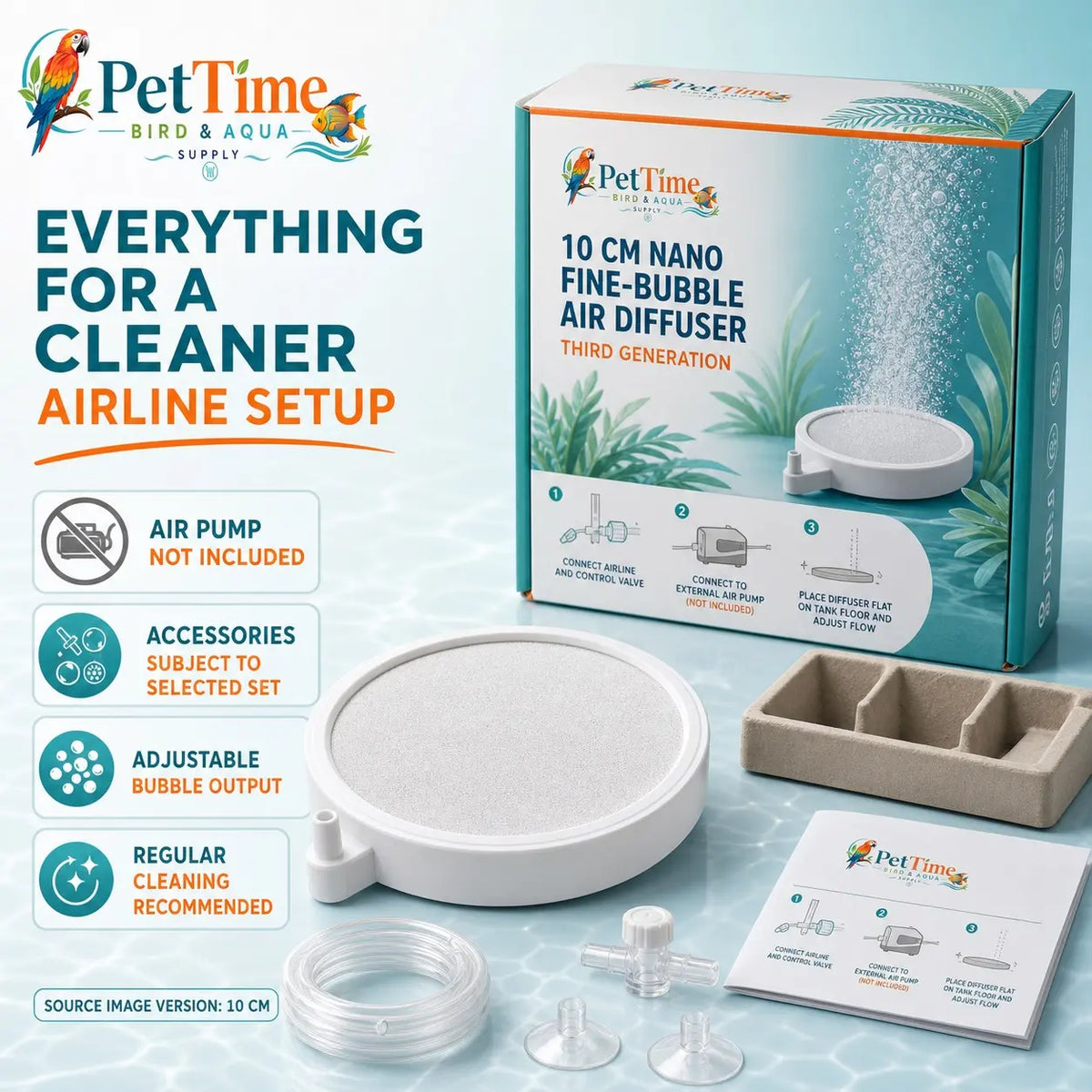 Pettime Nano Bubble Aquarium Air Stone Kit, 2-Inch Fine Bubble Diffuser Disc with 3W Quiet USB Air Pump, 6.6-Ft Tubing, Adjustable Flow Valve, Suction Cups and Reinforced ABS Inlet for Freshwater Fish Tank Aeration, Complete Set for Fish Keepers