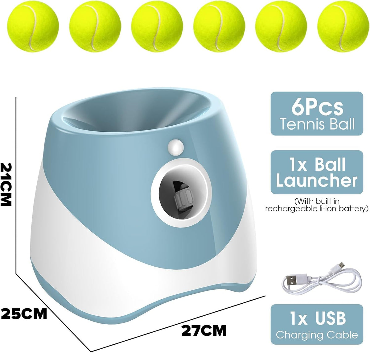 Automatic Dog Ball Launcher, Dog Ball Thrower Machine with 10-30Ft 3 Launching Distance, Interactive Toys for Small Dogs Indoor & Outdoor with 6 Mini Tennis Balls (2 Inch) -Blue