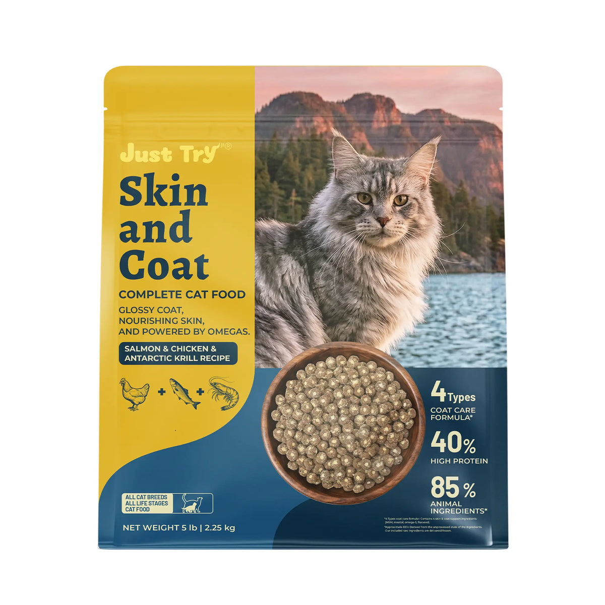 JUST TRY Hairball Formula Dry Cat Food, 40% Protein, Chicken & Salmon Flavor, Hairball Control, Digestive Health Support, with Cat Grass, Pumpkin, Taurine, Psyllium Husk & Cranberry, Grain Free Cat Food, 5Lb. #Sohochic