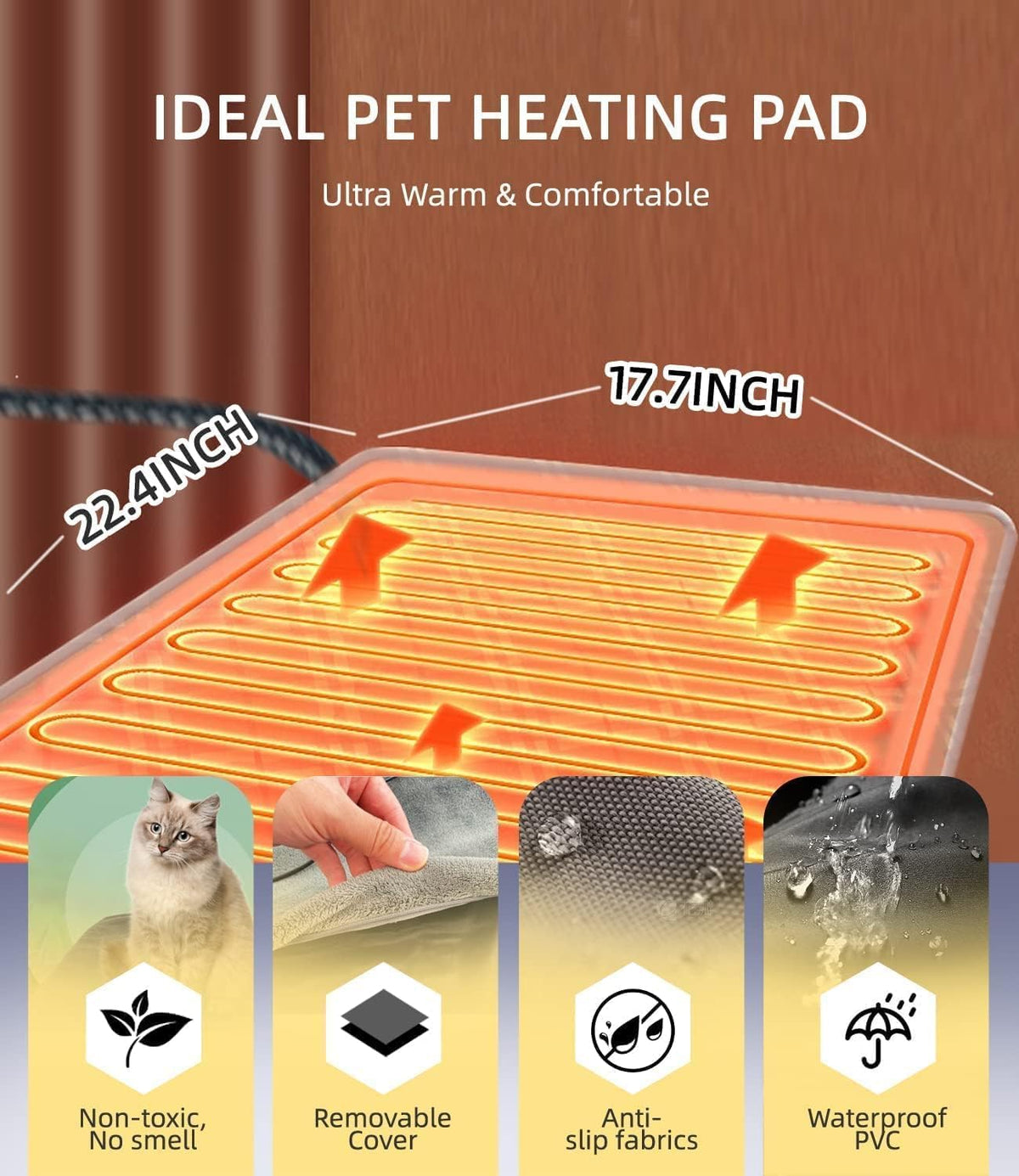 Dog Cat Heating Pad Pressure Activated 18 X 22In Pet Heat Pack Automatic Electric Heated Bed Mat for Indoor, Warming Pad with Chew Resistant Cord, Adjustable Temperature, Waterproof Washable