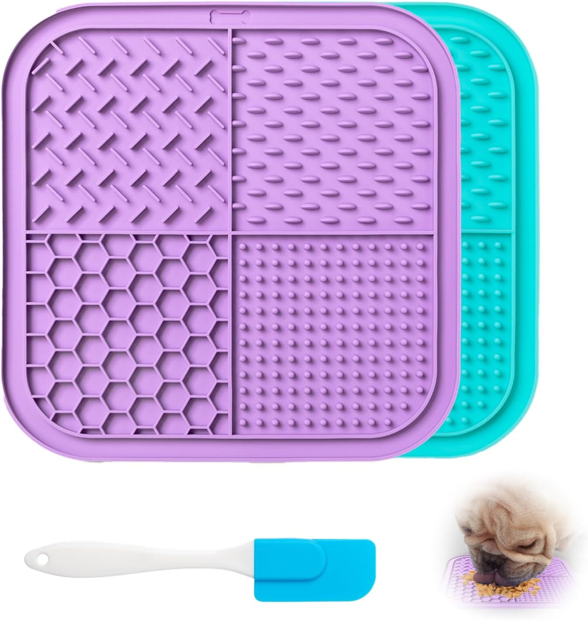 Lick Mat for Dogs & Cats (2 Pack) with Suction Cups, Anxiety Relief, Dog Toys for Bathing & Grooming, Comes with Silicone Scraper, Peanut Butter Licking Pad for Dogs and Cats (Purple and Lake Blue)