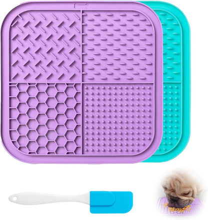 Lick Mat for Dogs & Cats (2 Pack) with Suction Cups, Anxiety Relief, Dog Toys for Bathing & Grooming, Comes with Silicone Scraper, Peanut Butter Licking Pad for Dogs and Cats (Purple and Lake Blue)