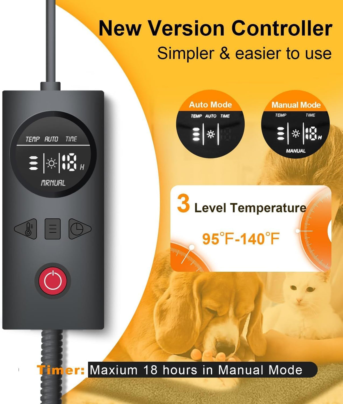 Dog Cat Heating Pad Pressure Activated 18 X 22In Pet Heat Pack Automatic Electric Heated Bed Mat for Indoor, Warming Pad with Chew Resistant Cord, Adjustable Temperature, Waterproof Washable