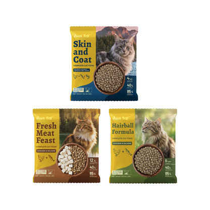 JUST TRY Hairball Formula Dry Cat Food, 40% Protein, Chicken & Salmon Flavor, Hairball Control, Digestive Health Support, with Cat Grass, Pumpkin, Taurine, Psyllium Husk & Cranberry, Grain Free Cat Food, 5Lb. #Sohochic