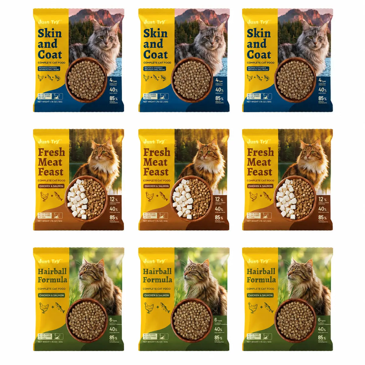 JUST TRY Hairball Formula Dry Cat Food, 40% Protein, Chicken & Salmon Flavor, Hairball Control, Digestive Health Support, with Cat Grass, Pumpkin, Taurine, Psyllium Husk & Cranberry, Grain Free Cat Food, 5Lb. #Sohochic