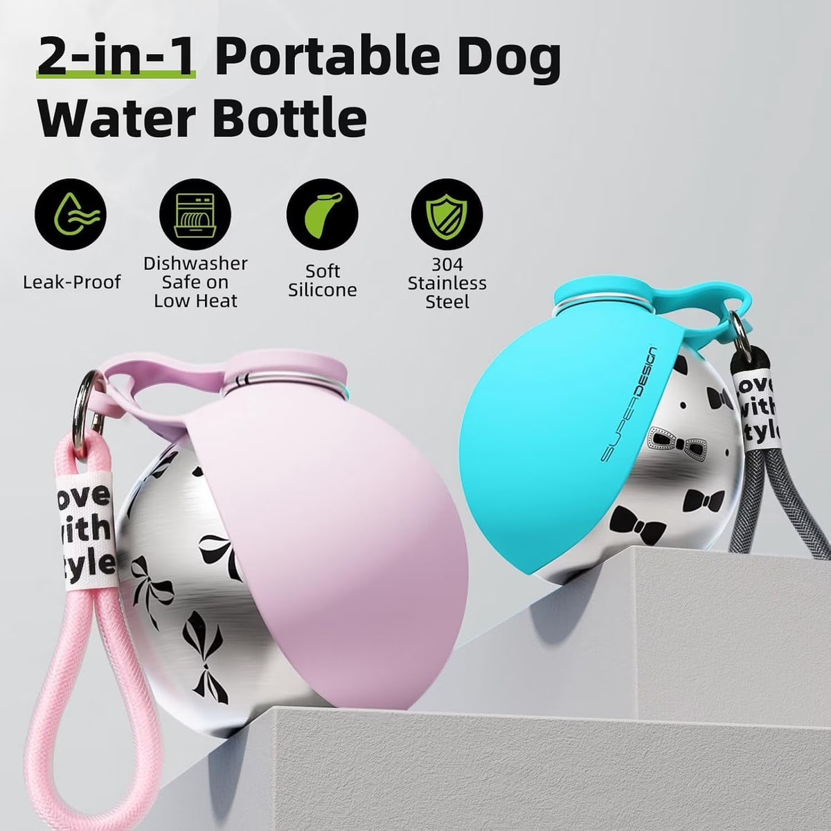 2026 New Portable Dog Water Bottle, 10Oz Leak-Proof Stainless Steel Water Bottle with Silicone Bowl, Compact Travel Water Dispenser for Puppy Walking & Outdoor Travel