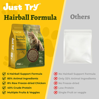 JUST TRY Hairball Formula Dry Cat Food, 40% Protein, Chicken & Salmon Flavor, Hairball Control, Digestive Health Support, with Cat Grass, Pumpkin, Taurine, Psyllium Husk & Cranberry, Grain Free Cat Food, 5Lb. #Sohochic