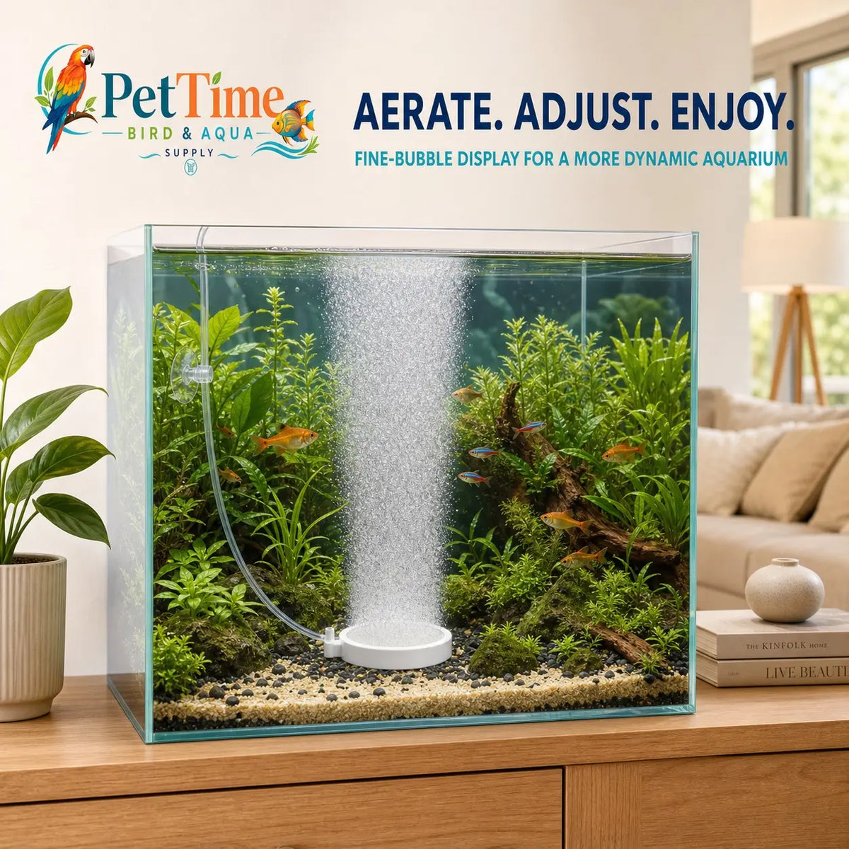 Pettime Nano Bubble Aquarium Air Stone Kit, 2-Inch Fine Bubble Diffuser Disc with 3W Quiet USB Air Pump, 6.6-Ft Tubing, Adjustable Flow Valve, Suction Cups and Reinforced ABS Inlet for Freshwater Fish Tank Aeration, Complete Set for Fish Keepers