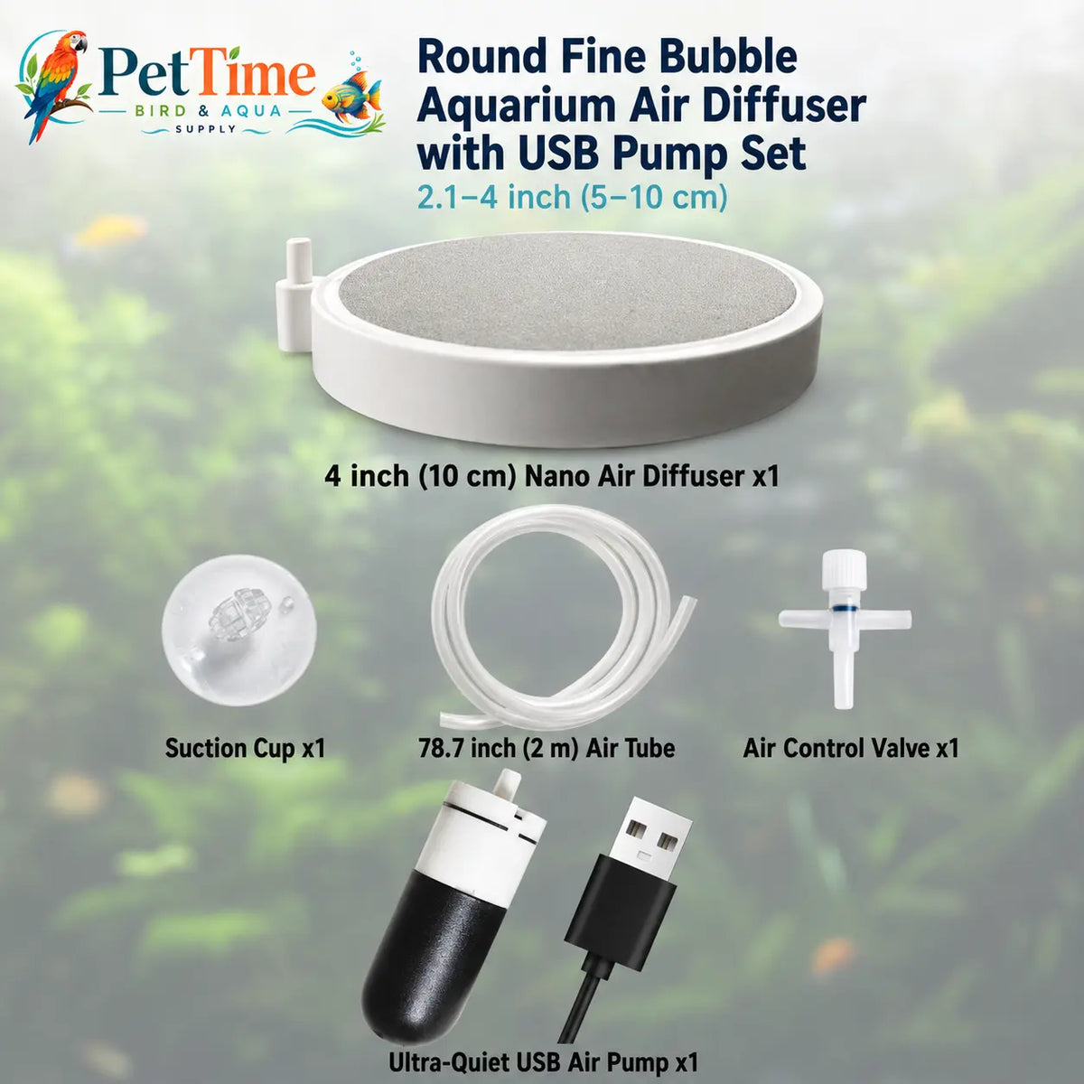 Pettime Nano Bubble Aquarium Air Stone Kit, 2-Inch Fine Bubble Diffuser Disc with 3W Quiet USB Air Pump, 6.6-Ft Tubing, Adjustable Flow Valve, Suction Cups and Reinforced ABS Inlet for Freshwater Fish Tank Aeration, Complete Set for Fish Keepers