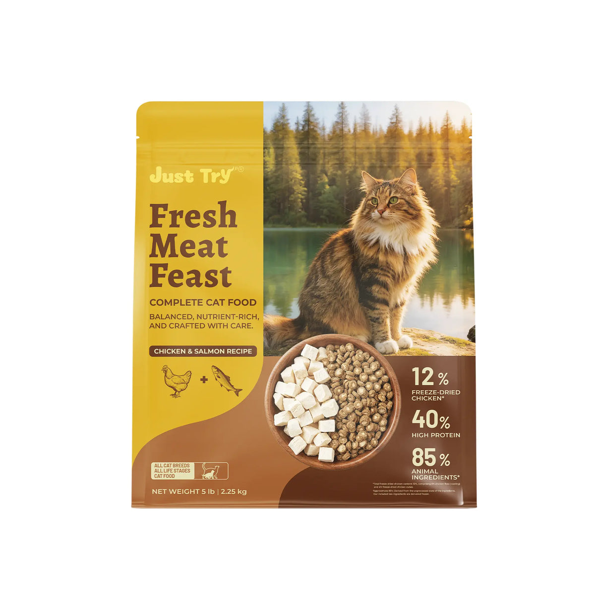 JUST TRY Hairball Formula Dry Cat Food, 40% Protein, Chicken & Salmon Flavor, Hairball Control, Digestive Health Support, with Cat Grass, Pumpkin, Taurine, Psyllium Husk & Cranberry, Grain Free Cat Food, 5Lb. #Sohochic